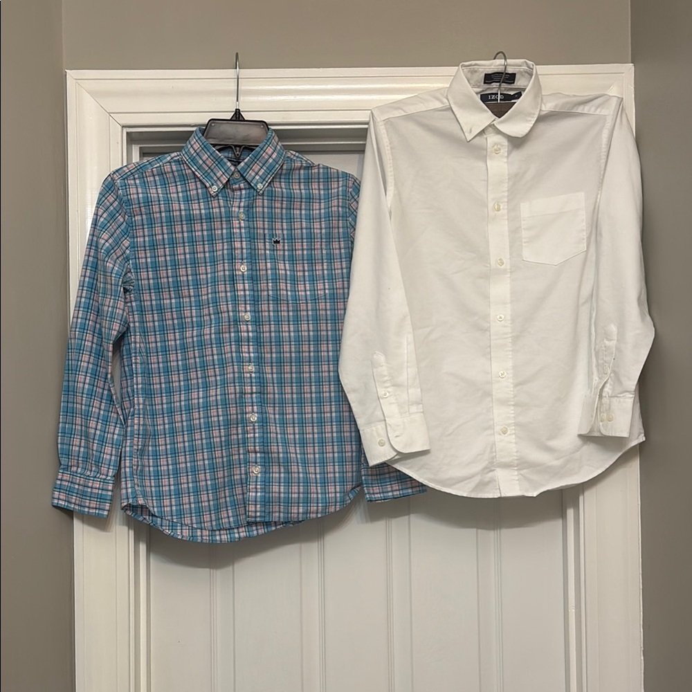 Boy’s Blue Plaid and White Button-Down Shirts